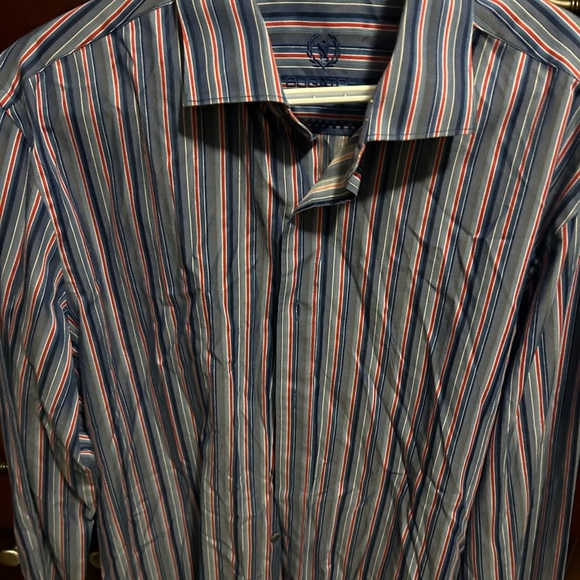 Bugatchi Long Sleeved Button Front Shirt -  Blue With Multicolored Stripes - Picture 1 of 5